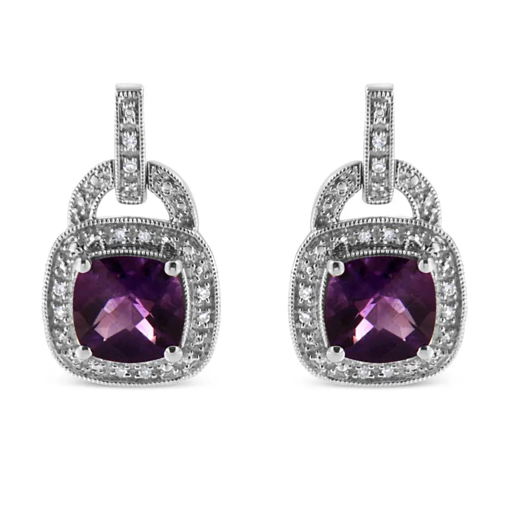 .925 Sterling Silver 8MM Natural Cushion Shaped Amethyst and Diamond Accent Halo with Push Back Dangle Earrings (I-J Color, I2-I3 Clarity) - Bijoux-NYC Direct