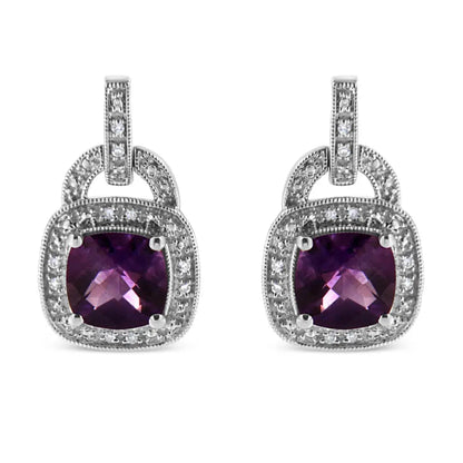 .925 Sterling Silver 8MM Natural Cushion Shaped Amethyst and Diamond Accent Halo with Push Back Dangle Earrings (I-J Color, I2-I3 Clarity) - Bijoux-NYC Direct
