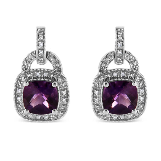 .925 Sterling Silver 8MM Natural Cushion Shaped Amethyst and Diamond Accent Halo with Push Back Dangle Earrings (I-J Color, I2-I3 Clarity) - Bijoux-NYC Direct
