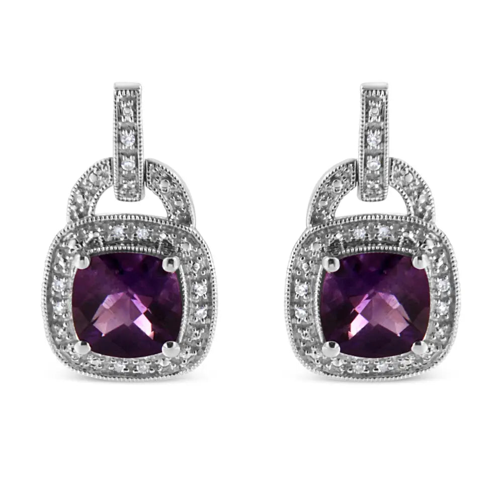 Cushion amethyst & diamond halo dangle earrings in sterling silver – 1/10 cttw bijoux-nyc direct