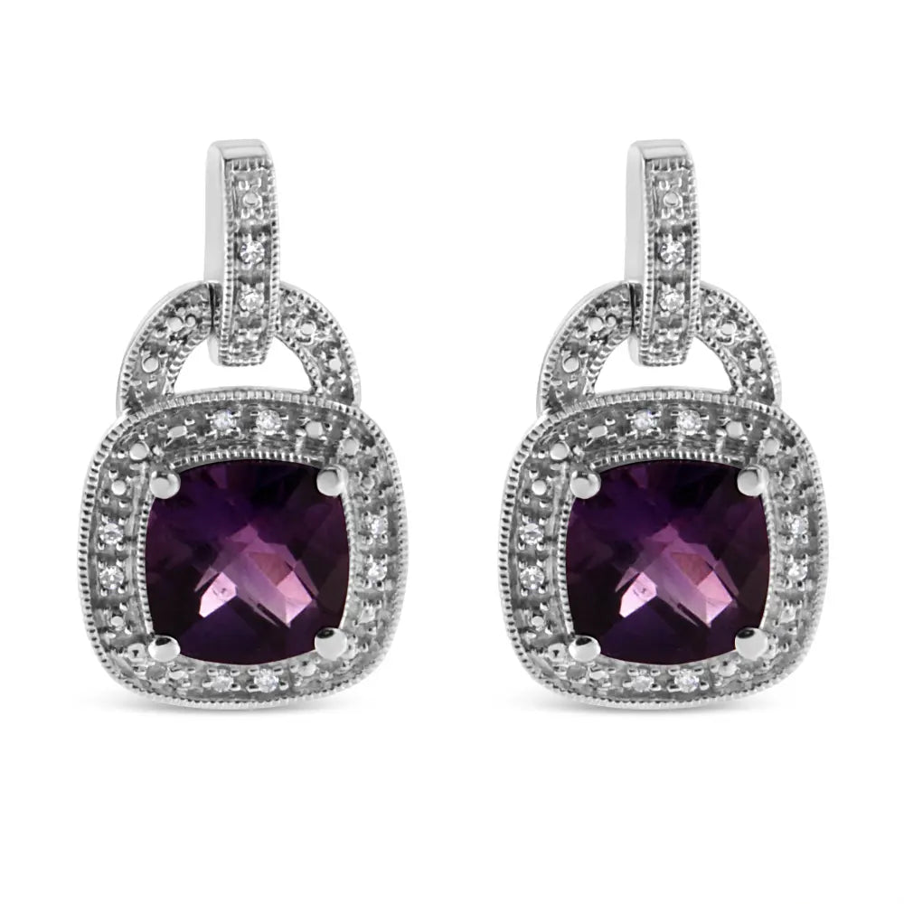 .925 Sterling Silver 8MM Natural Cushion Shaped Amethyst and Diamond Accent Halo with Push Back Dangle Earrings (I-J Color, I2-I3 Clarity) - Bijoux-NYC Direct