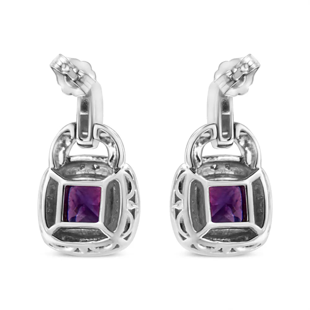 .925 Sterling Silver 8MM Natural Cushion Shaped Amethyst and Diamond Accent Halo with Push Back Dangle Earrings (I-J Color, I2-I3 Clarity) - Bijoux-NYC Direct