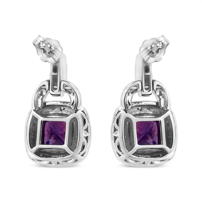 .925 Sterling Silver 8MM Natural Cushion Shaped Amethyst and Diamond Accent Halo with Push Back Dangle Earrings (I-J Color, I2-I3 Clarity) - Bijoux-NYC Direct