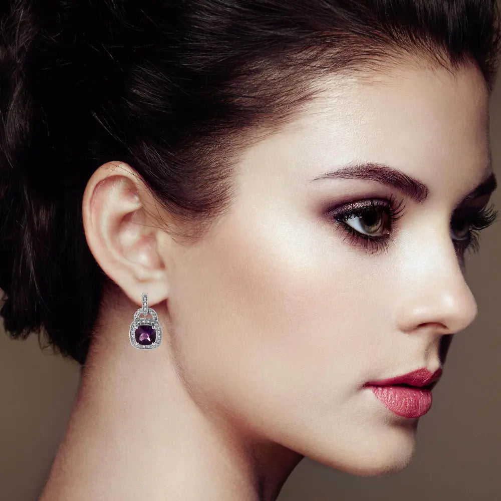 .925 Sterling Silver 8MM Natural Cushion Shaped Amethyst and Diamond Accent Halo with Push Back Dangle Earrings (I-J Color, I2-I3 Clarity) - Bijoux-NYC Direct