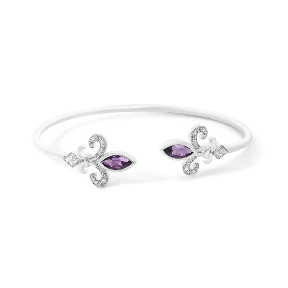 .925 sterling silver 8x4mm marquise purple amethyst and diamond accent fleur di lis open cuff bangle (i j color i1 i2 clarity)