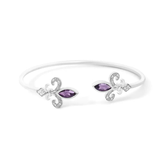 .925 sterling silver 8x4mm marquise purple amethyst and diamond accent fleur di lis open cuff bangle (i j color i1 i2 clarity)
