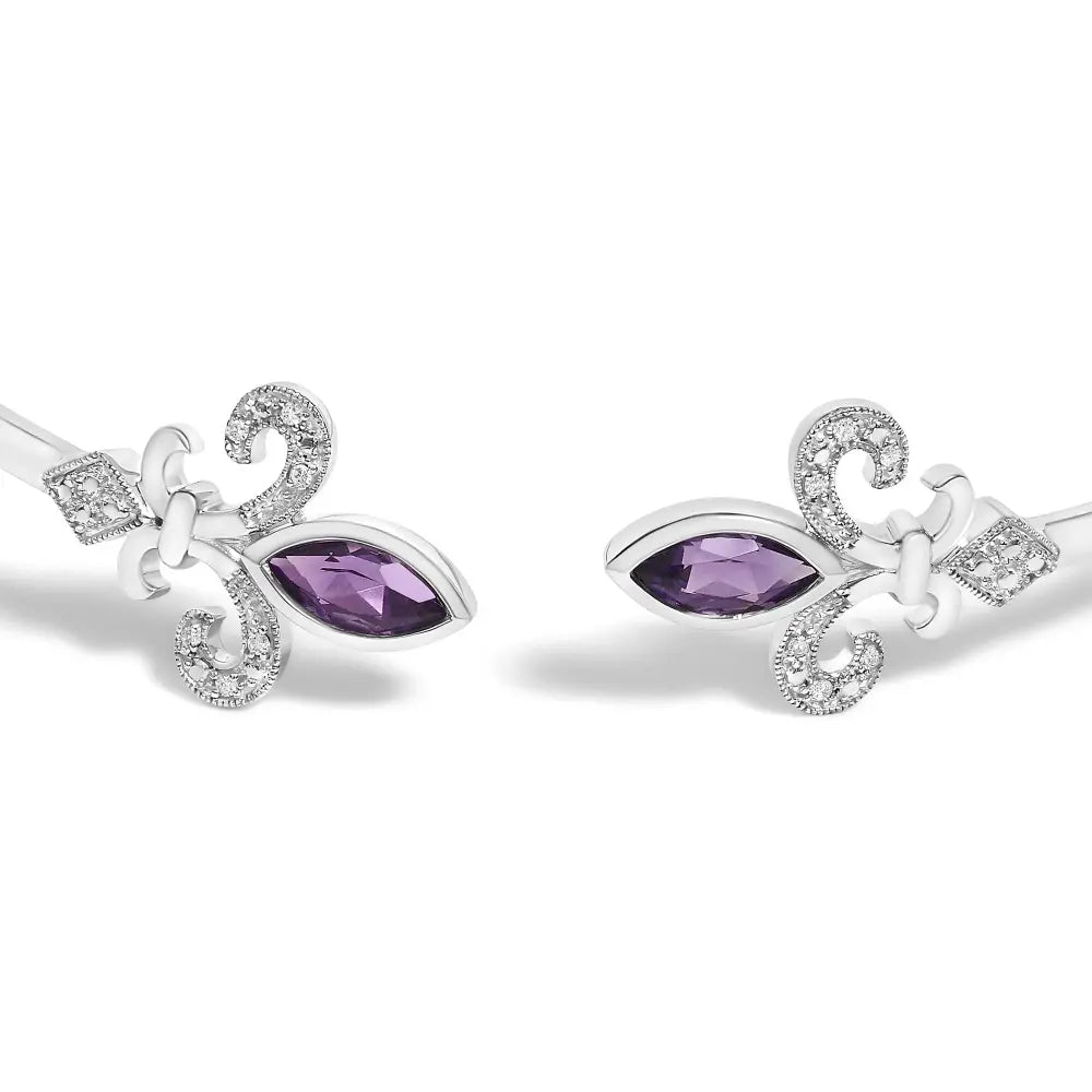 .925 sterling silver 8x4mm marquise purple amethyst and diamond accent fleur di lis open cuff bangle (i j color i1 i2 clarity)