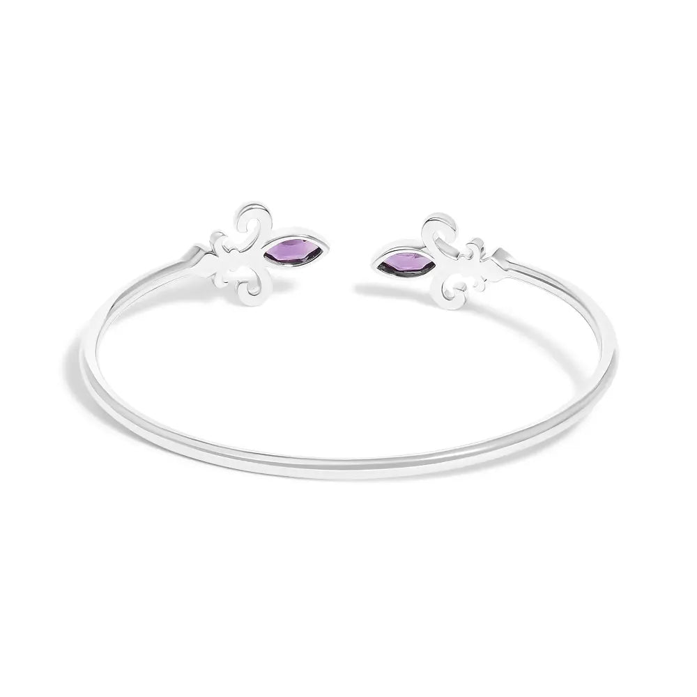 .925 sterling silver 8x4mm marquise purple amethyst and diamond accent fleur di lis open cuff bangle (i j color i1 i2 clarity)