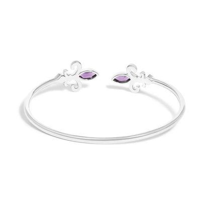 .925 sterling silver 8x4mm marquise purple amethyst and diamond accent fleur di lis open cuff bangle (i j color i1 i2 clarity)