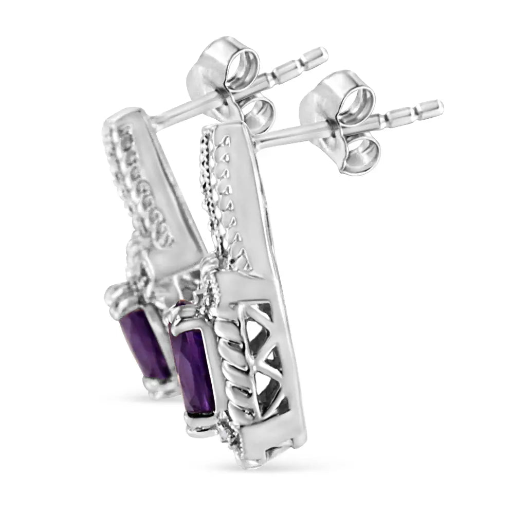 .925 Sterling Silver 8x6 MM Natural Oval Purple Amethyst Gemstone and Diamond Accent Art Deco Style Drop and Dangle Earrings (I-J Color, I1-I2 Clarity) - Bijoux-NYC Direct