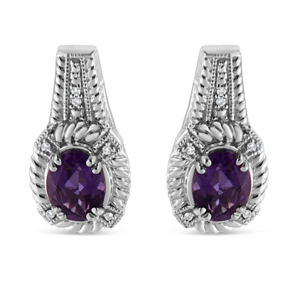 .925 Sterling Silver 8x6 MM Natural Oval Purple Amethyst Gemstone and Diamond Accent Art Deco Style Drop and Dangle Earrings (I-J Color, I1-I2 Clarity) - Bijoux-NYC Direct