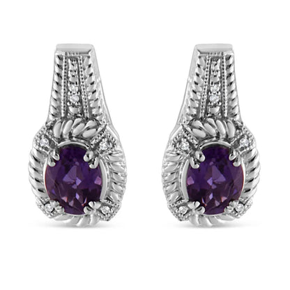 .925 Sterling Silver 8x6 MM Natural Oval Purple Amethyst Gemstone and Diamond Accent Art Deco Style Drop and Dangle Earrings (I-J Color, I1-I2 Clarity) - Bijoux-NYC Direct