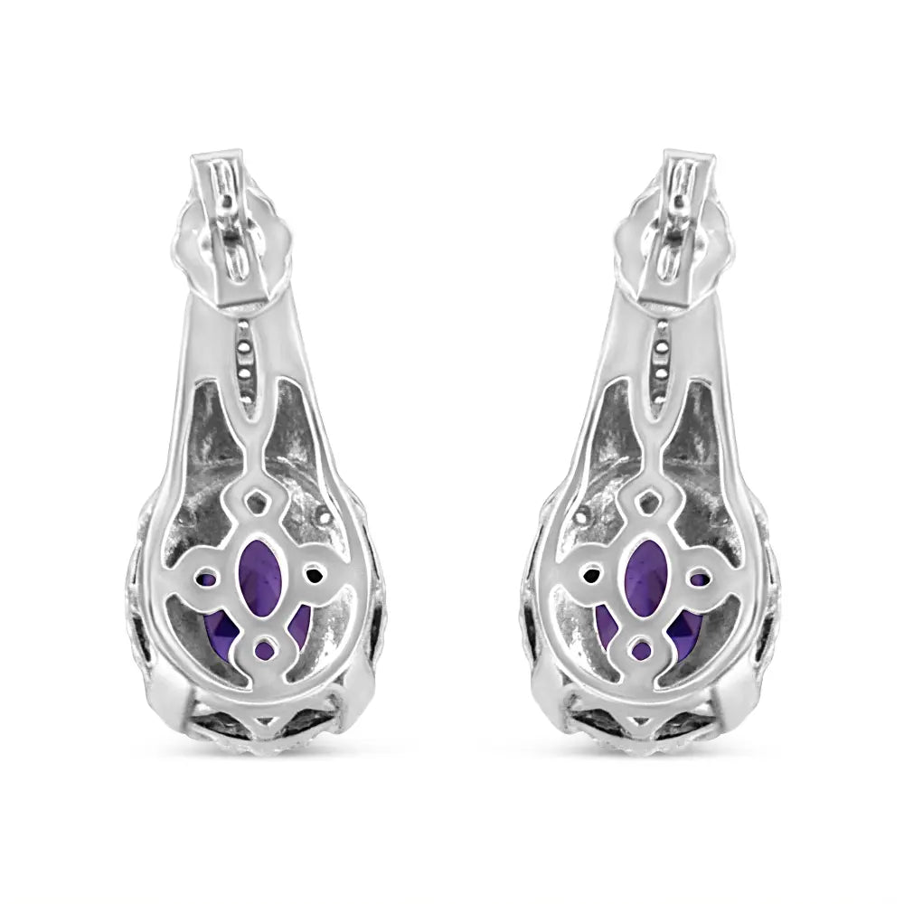 .925 Sterling Silver 8x6 MM Natural Oval Purple Amethyst Gemstone and Diamond Accent Art Deco Style Drop and Dangle Earrings (I-J Color, I1-I2 Clarity) - Bijoux-NYC Direct