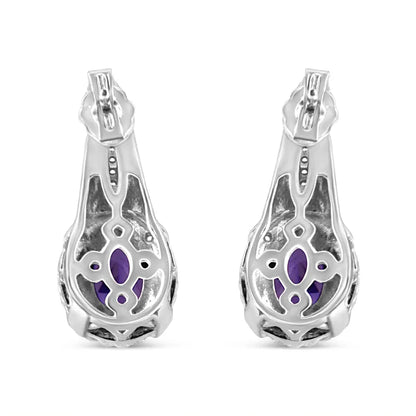 .925 Sterling Silver 8x6 MM Natural Oval Purple Amethyst Gemstone and Diamond Accent Art Deco Style Drop and Dangle Earrings (I-J Color, I1-I2 Clarity) - Bijoux-NYC Direct