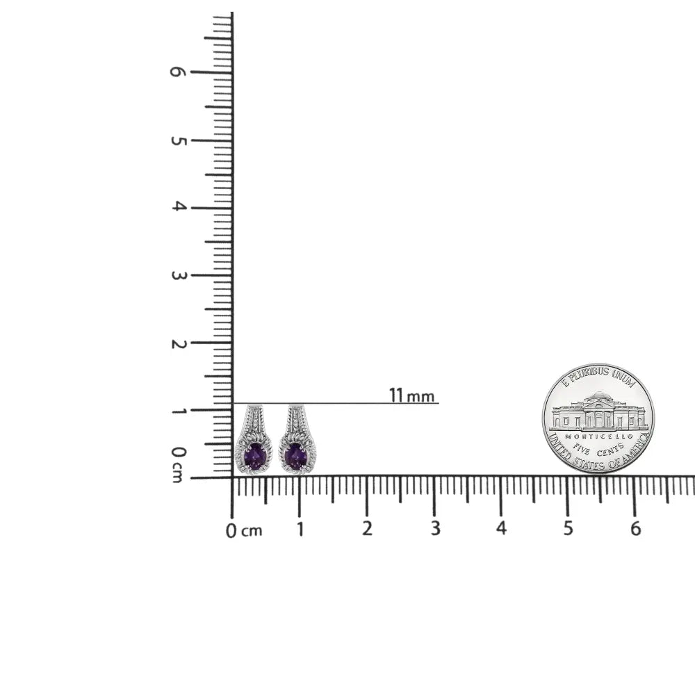 .925 Sterling Silver 8x6 MM Natural Oval Purple Amethyst Gemstone and Diamond Accent Art Deco Style Drop and Dangle Earrings (I-J Color, I1-I2 Clarity) - Bijoux-NYC Direct