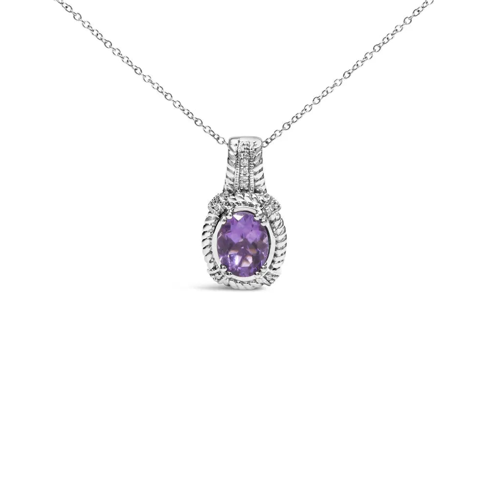.925 Sterling Silver 9x7mm Oval Purple Amethyst and Round Diamond Accent Fashion Drop Pendant 18 Inch Necklace (I-J Color, I1-I2 Clarity) - Bijoux-NYC Direct