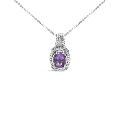.925 Sterling Silver 9x7mm Oval Purple Amethyst and Round Diamond Accent Fashion Drop Pendant 18 Inch Necklace (I-J Color, I1-I2 Clarity) - Bijoux-NYC Direct