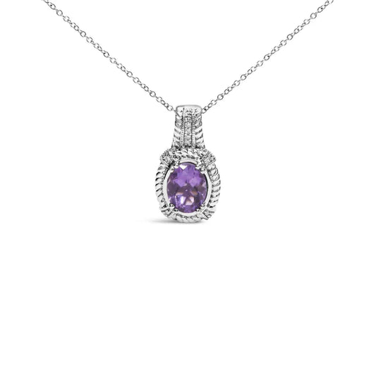.925 Sterling Silver 9x7mm Oval Purple Amethyst and Round Diamond Accent Fashion Drop Pendant 18 Inch Necklace (I-J Color, I1-I2 Clarity) - Bijoux-NYC Direct