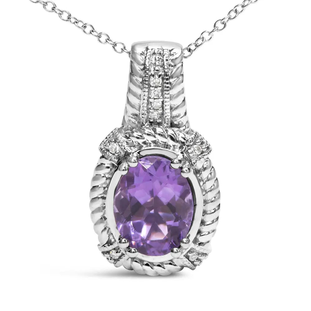 .925 Sterling Silver 9x7mm Oval Purple Amethyst and Round Diamond Accent Fashion Drop Pendant 18 Inch Necklace (I-J Color, I1-I2 Clarity) - Bijoux-NYC Direct