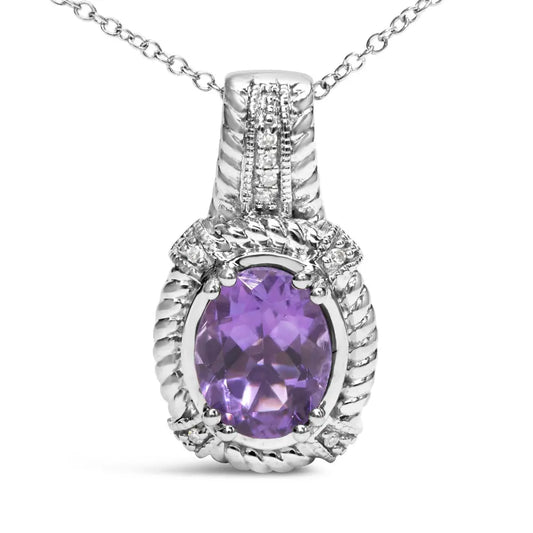 .925 Sterling Silver 9x7mm Oval Purple Amethyst and Round Diamond Accent Fashion Drop Pendant 18 Inch Necklace (I-J Color, I1-I2 Clarity) - Bijoux-NYC Direct