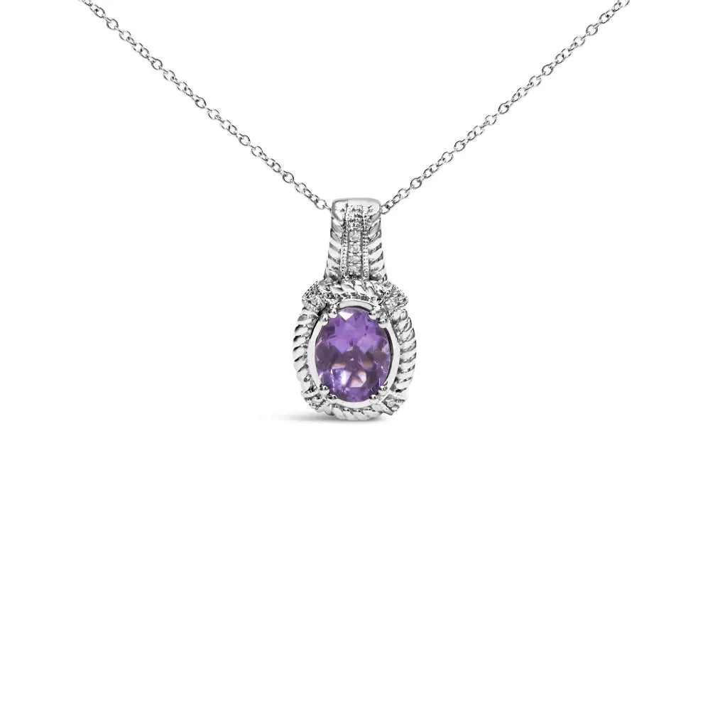 Oval amethyst and diamond drop pendant in sterling silver 9x7mm bijoux-nyc direct