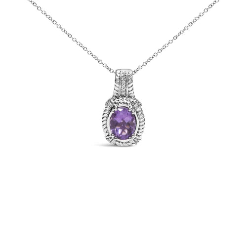 .925 sterling silver 9x7mm oval purple amethyst and round diamond accent fashion drop pendant 18 inch necklace (i-j