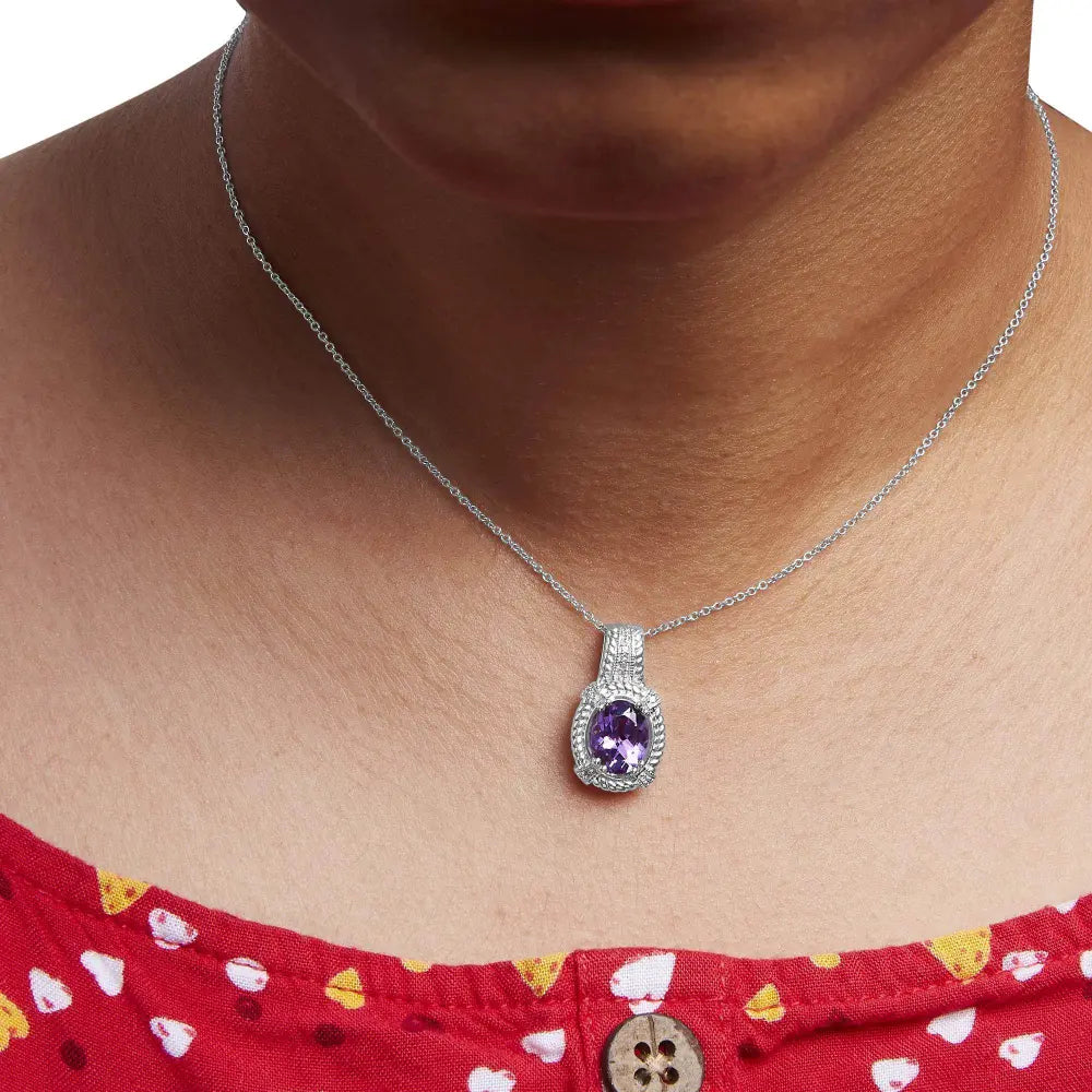 .925 Sterling Silver 9x7mm Oval Purple Amethyst and Round Diamond Accent Fashion Drop Pendant 18 Inch Necklace (I-J Color, I1-I2 Clarity) - Bijoux-NYC Direct