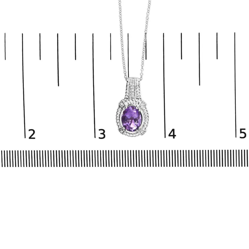 .925 Sterling Silver 9x7mm Oval Purple Amethyst and Round Diamond Accent Fashion Drop Pendant 18 Inch Necklace (I-J Color, I1-I2 Clarity) - Bijoux-NYC Direct