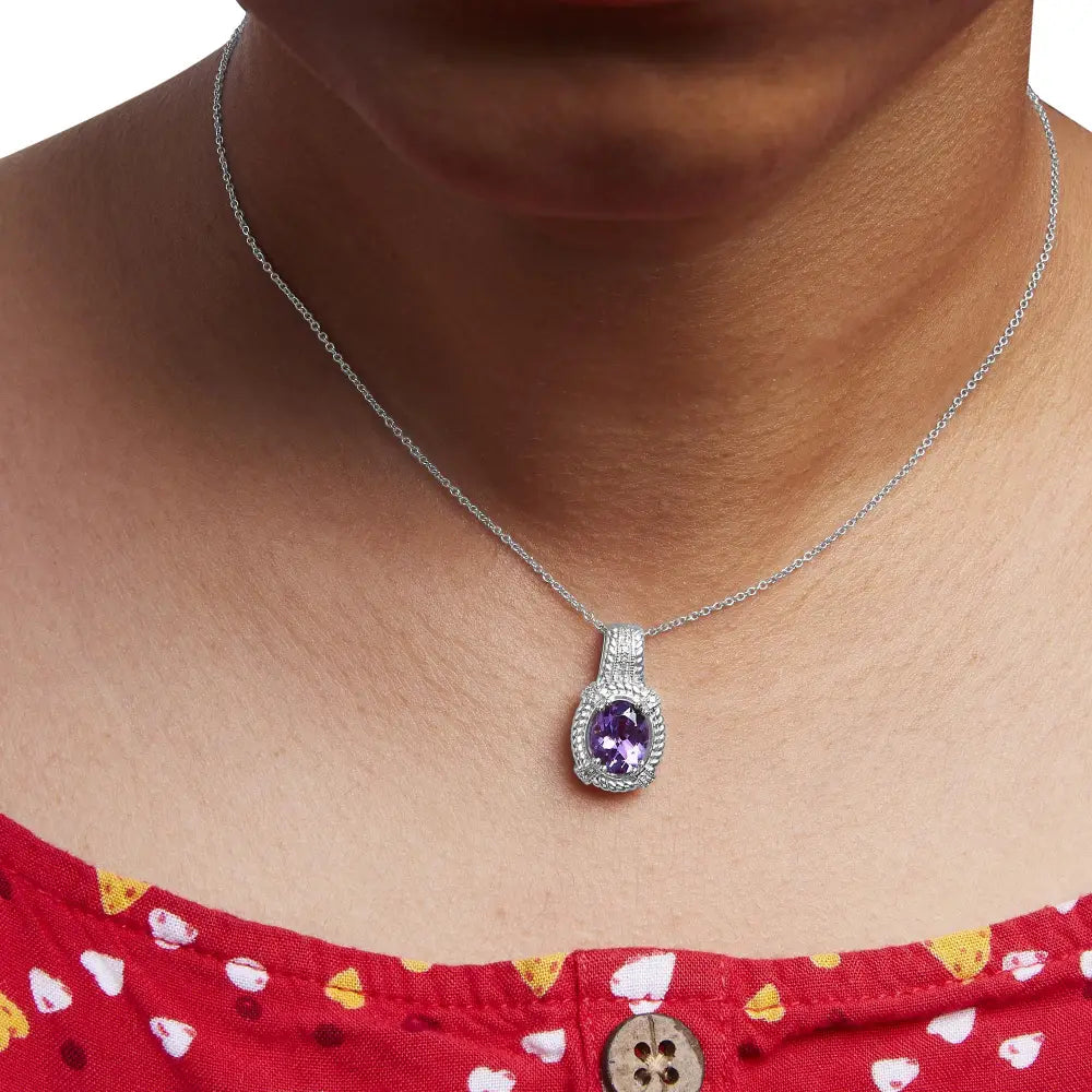 Oval amethyst and diamond drop pendant in sterling silver 9x7mm bijoux-nyc direct