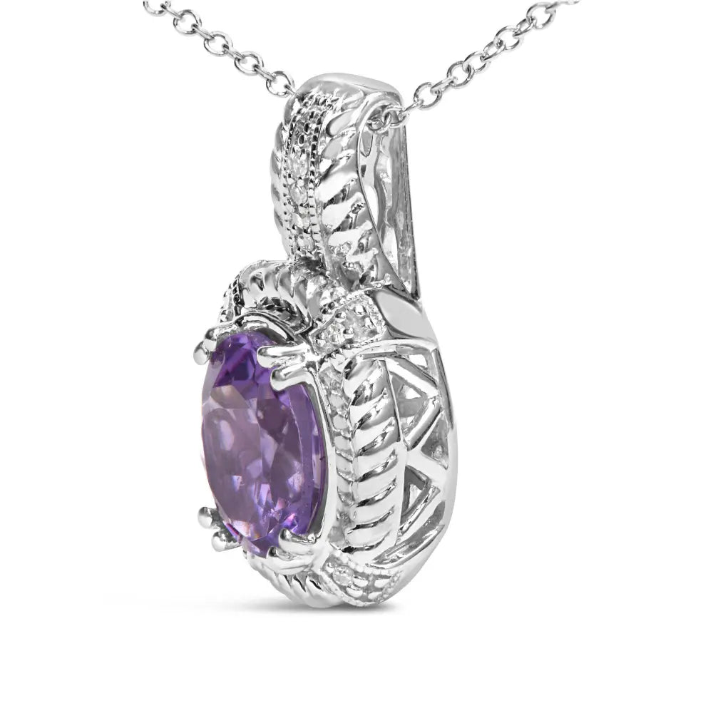 .925 Sterling Silver 9x7mm Oval Purple Amethyst and Round Diamond Accent Fashion Drop Pendant 18 Inch Necklace (I-J Color, I1-I2 Clarity) - Bijoux-NYC Direct