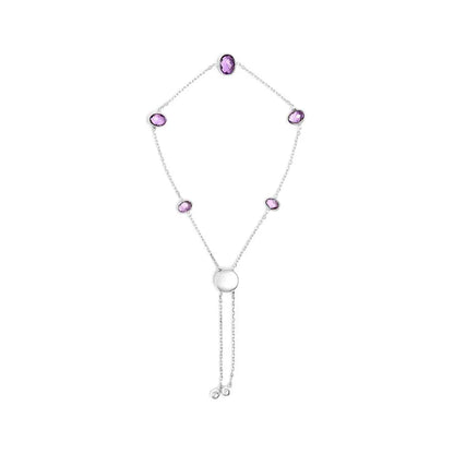 .925 Sterling Silver Bezel Set Purple Amethyst 5 Station Adjustable Bolo Bracelet - Bijoux-NYC Direct