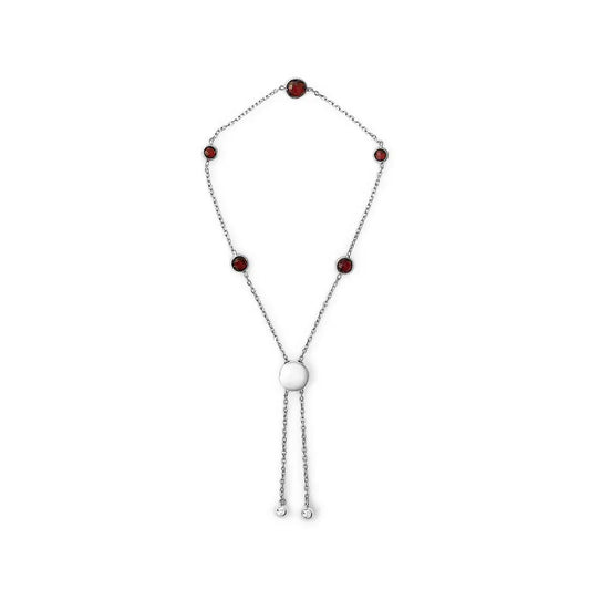 .925 Sterling Silver Bezel Set Red Garnet 5 Station Adjustable Bolo Bracelet - Bijoux-NYC Direct