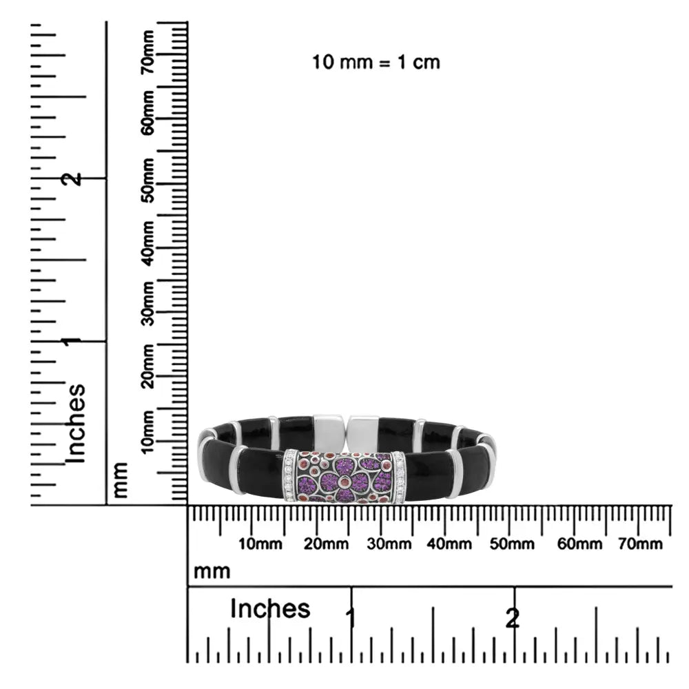 .925 Sterling Silver Black and Brown Enamel 1/3 Cttw Round Diamonds and Pink and Orange Sapphire Gemstones Floral Statement Bangle Bracelet (F-G Color, VS1-VS2 Clarity) - Size 7.75" - Bijoux-NYC Direct