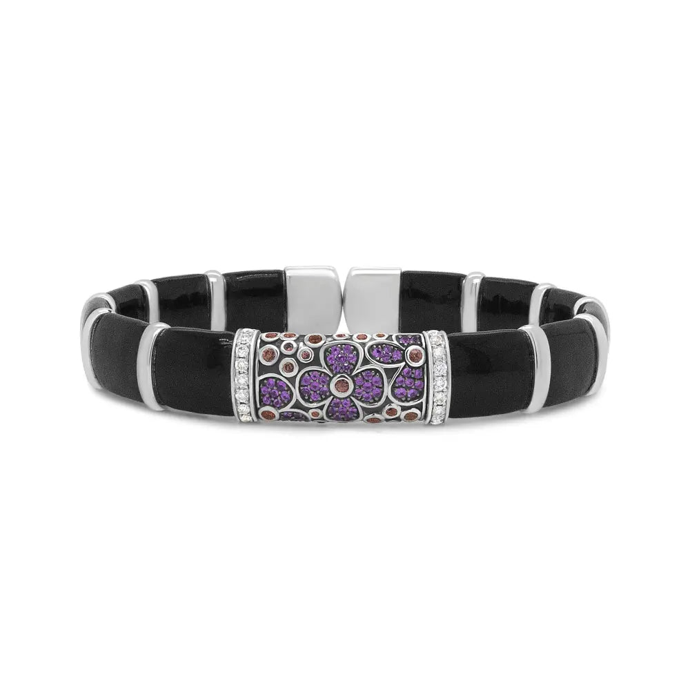 .925 Sterling Silver Black and Brown Enamel 1/3 Cttw Round Diamonds and Pink and Orange Sapphire Gemstones Floral Statement Bangle Bracelet (F-G Color, VS1-VS2 Clarity) - Size 7.75" - Bijoux-NYC Direct