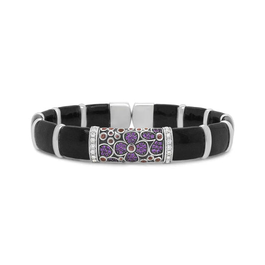 .925 Sterling Silver Black and Brown Enamel 1/3 Cttw Round Diamonds and Pink and Orange Sapphire Gemstones Floral Statement Bangle Bracelet (F-G Color, VS1-VS2 Clarity) - Size 7.75" - Bijoux-NYC Direct