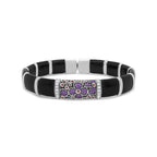 .925 Sterling Silver Black and Brown Enamel 1/3 Cttw Round Diamonds and Pink and Orange Sapphire Gemstones Floral Statement Bangle Bracelet (F-G Color, VS1-VS2 Clarity) - Size 7.75" - Bijoux-NYC Direct
