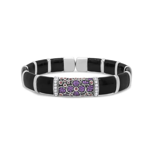 .925 Sterling Silver Black and Brown Enamel 1/3 Cttw Round Diamonds and Pink and Orange Sapphire Gemstones Floral Statement Bangle Bracelet (F-G Color, VS1-VS2 Clarity) - Size 7.75" - Bijoux-NYC Direct