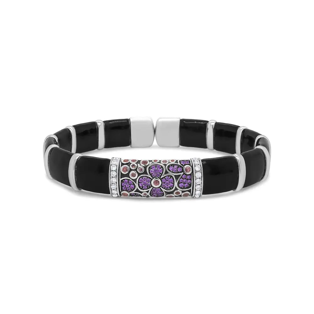 Sterling silver diamond and sapphire floral enamel bangle bracelet 7.75 bijoux-nyc direct