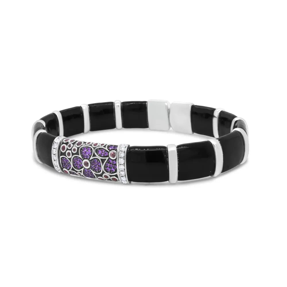 .925 Sterling Silver Black and Brown Enamel 1/3 Cttw Round Diamonds and Pink and Orange Sapphire Gemstones Floral Statement Bangle Bracelet (F-G Color, VS1-VS2 Clarity) - Size 7.75" - Bijoux-NYC Direct