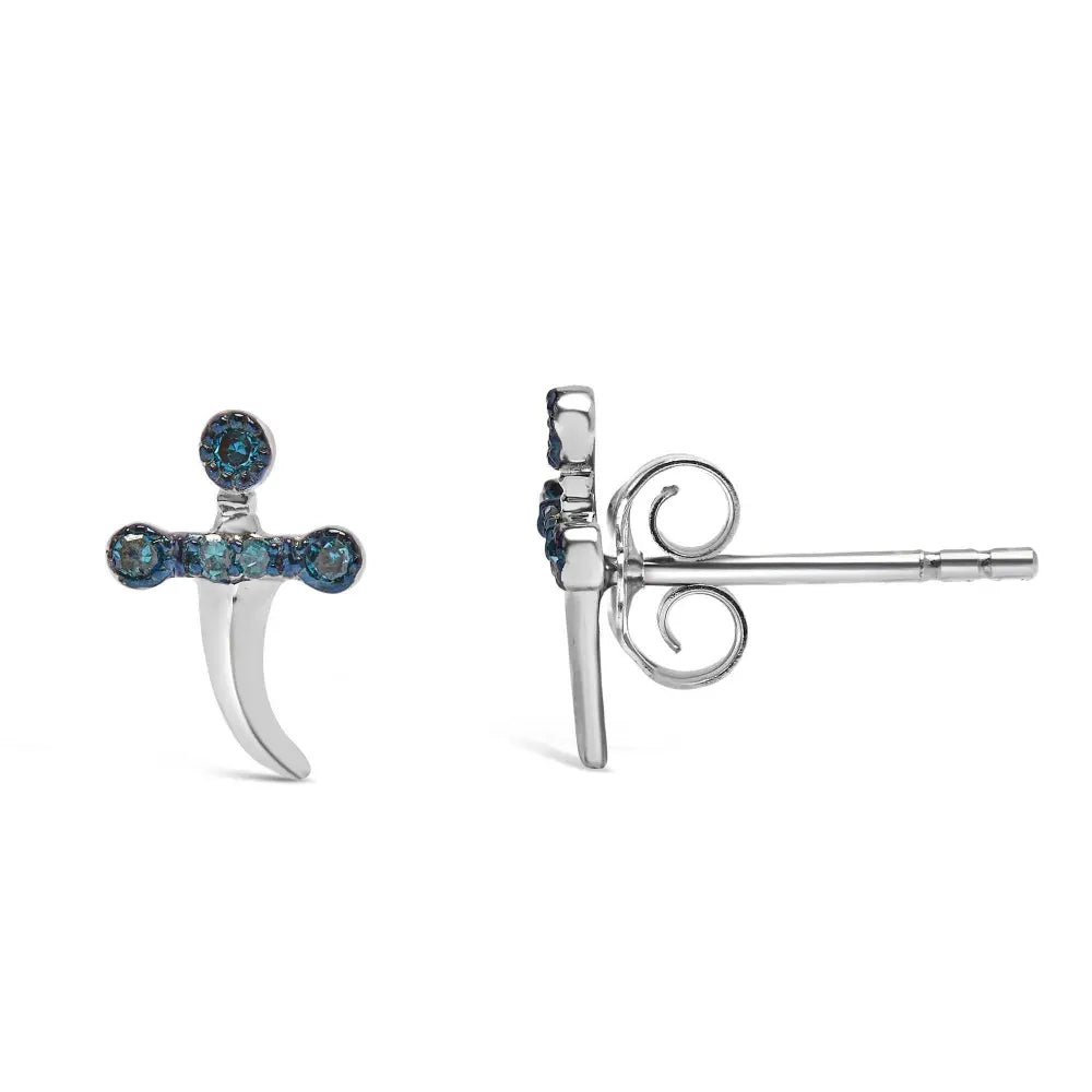 .925 Sterling Silver Blue Diamond Accent Knife Earrings (Blue Color, SI1-SI2 Clarity) - Bijoux-NYC Direct