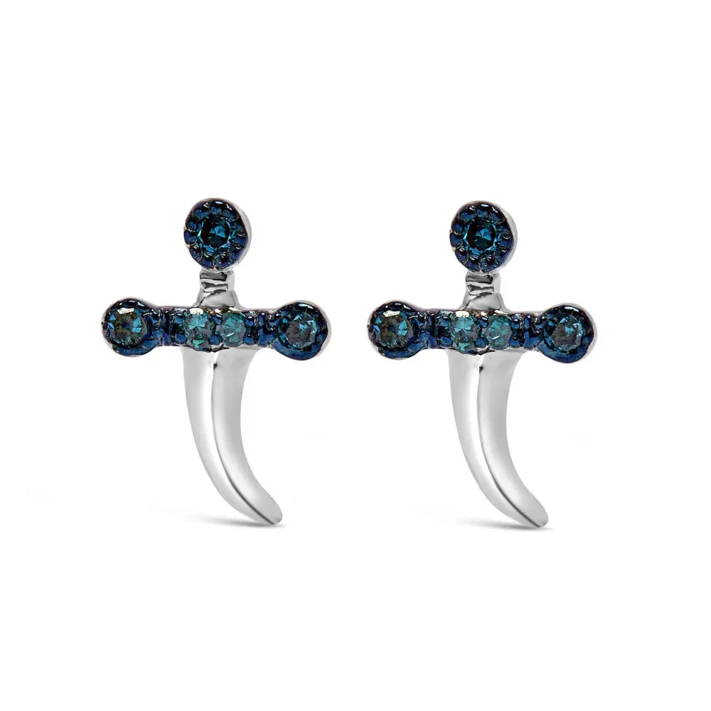 .925 Sterling Silver Blue Diamond Accent Knife Earrings (Blue Color, SI1-SI2 Clarity) - Bijoux-NYC Direct
