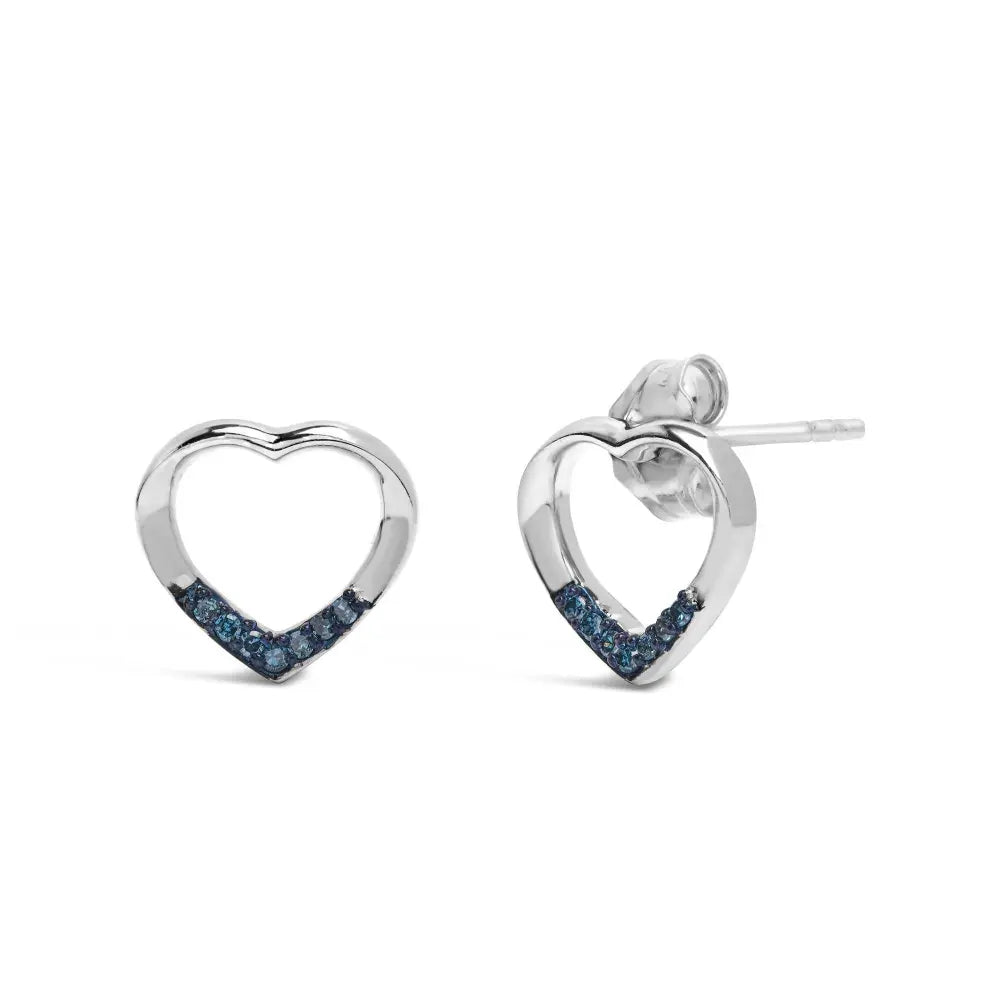 .925 Sterling Silver Blue Diamond Accent Open Heart Stud Earrings (Blue Color, SI1-SI2 Clarity) - Bijoux-NYC Direct