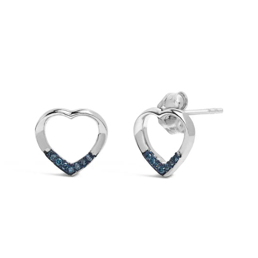 .925 Sterling Silver Blue Diamond Accent Open Heart Stud Earrings (Blue Color, SI1-SI2 Clarity) - Bijoux-NYC Direct