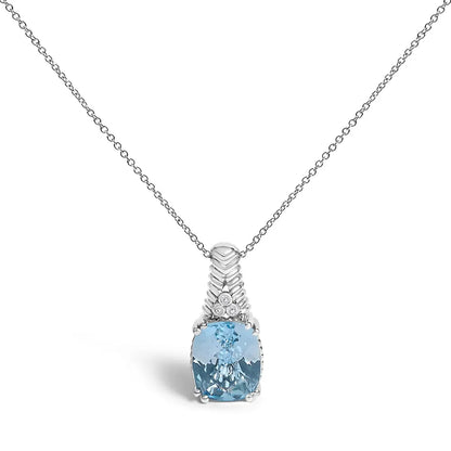 .925 Sterling Silver Blue Topaz and Diamond Accent Textured Pendant Necklace - 18" Inches - Bijoux-NYC Direct