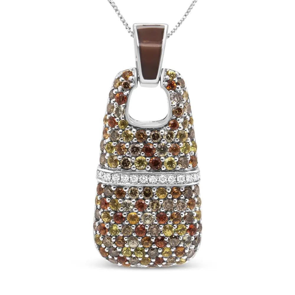 .925 Sterling Silver Brown Enamel 1 Cttw White and Brown Diamonds and  1.5mm Yellow and Orange Sapphire Gemstones Statement 18" Pendant Necklace (Brown and F-G Color, VS1-VS2 Clarity) - Bijoux-NYC Direct