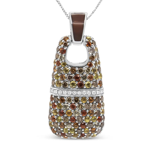.925 Sterling Silver Brown Enamel 1 Cttw White and Brown Diamonds and  1.5mm Yellow and Orange Sapphire Gemstones Statement 18" Pendant Necklace (Brown and F-G Color, VS1-VS2 Clarity) - Bijoux-NYC Direct