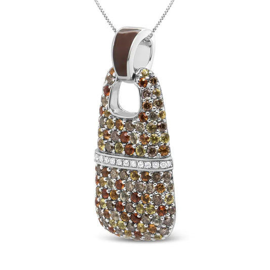 .925 Sterling Silver Brown Enamel 1 Cttw White and Brown Diamonds and  1.5mm Yellow and Orange Sapphire Gemstones Statement 18" Pendant Necklace (Brown and F-G Color, VS1-VS2 Clarity) - Bijoux-NYC Direct