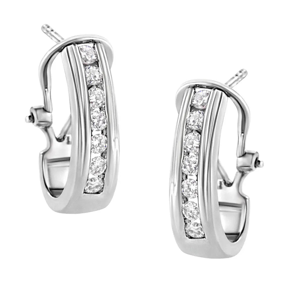 .925 Sterling Silver Channel Set 1/2 Cttw Lab Grown Round Diamond Omega Back Huggy Hoop Earrings (F-G Color, SI1-SI2 Clarity) - Bijoux-NYC Direct