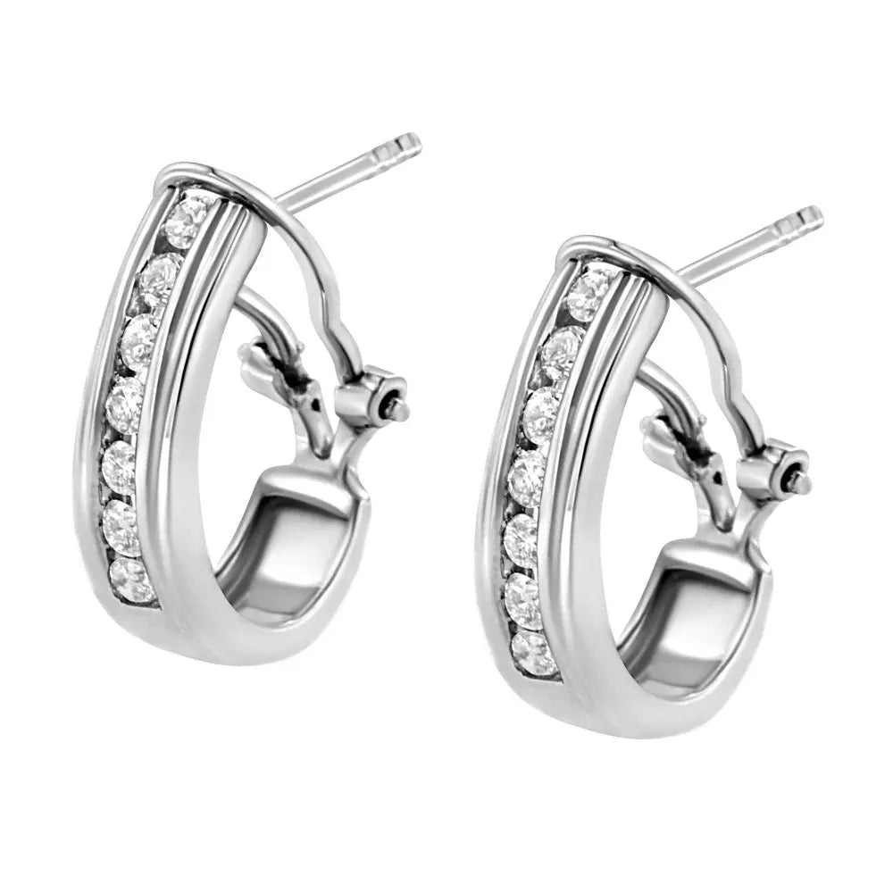.925 Sterling Silver Channel Set 1/2 Cttw Lab Grown Round Diamond Omega Back Huggy Hoop Earrings (F-G Color, SI1-SI2 Clarity) - Bijoux-NYC Direct