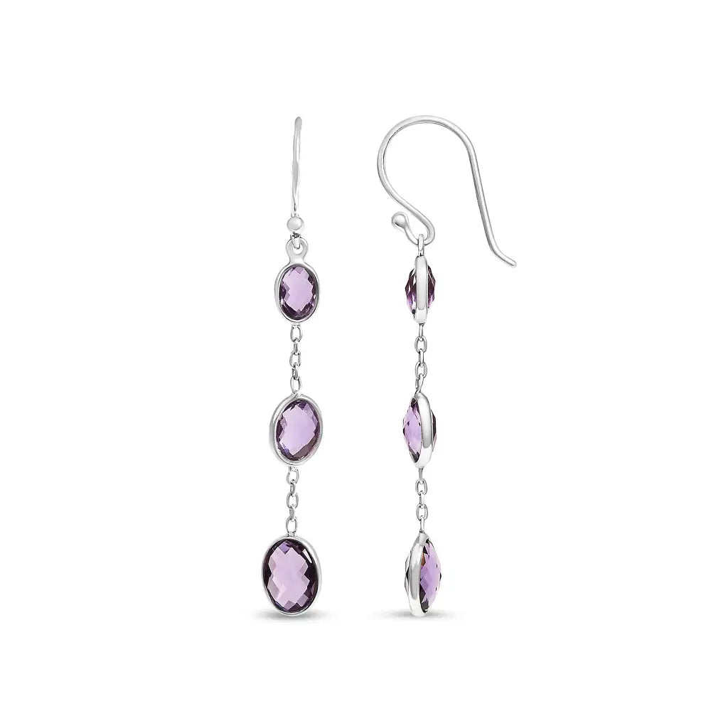 Sterling silver checkerboard oval amethyst 2 inch triple drop earrings bijoux-nyc direct